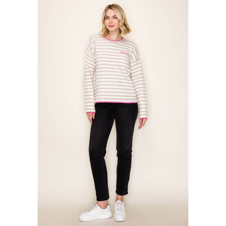 POP OF COLOR BLANKET STITCHED SWEATER