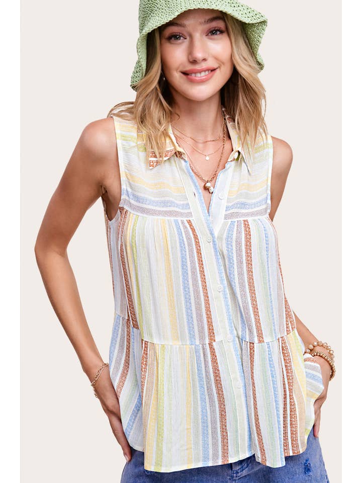 CINNAMON STRIPE TIERED SLEEVELESS TOP
