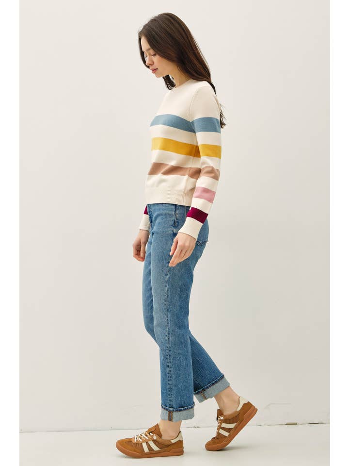IVORY MULTI STRIPE CREWNECK SWEATER
