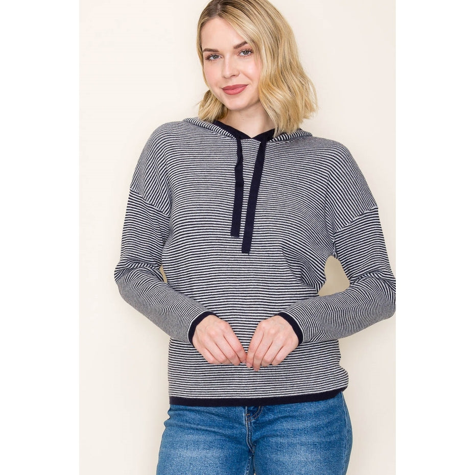 NAVY WAFFLE TEXTURE STRIPE HOODIE