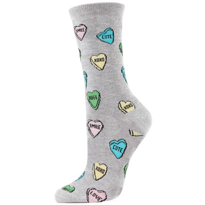 GRAY SWEET CANDY HEARTS BAMBOO CREW SOCKS