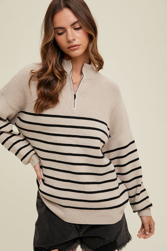 SAND & BLACK STRIPE 1/4 ZIP SWEATER
