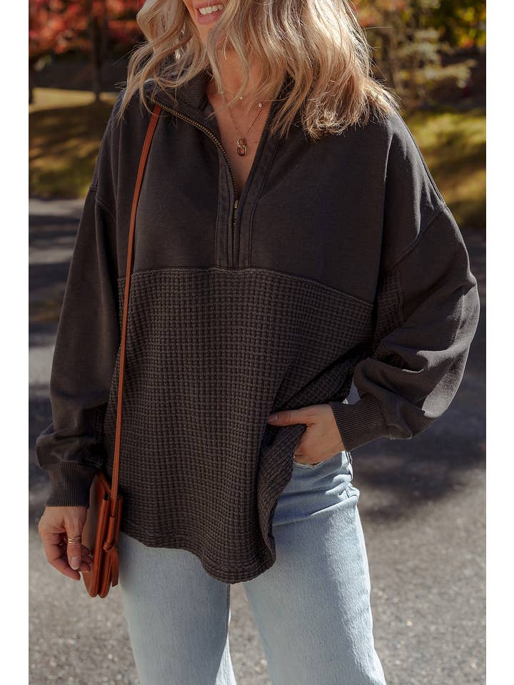 ONYX WAFFLE TEXTURE HALF ZIP TOP