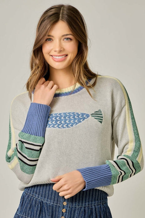 FISH EMBROIDERY CREW SWEATER