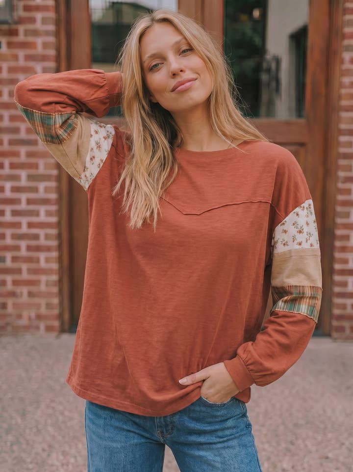 TERRACOTTA FLORAL CHECK COLORBLOCK LONG SLEEVE KNIT TOP