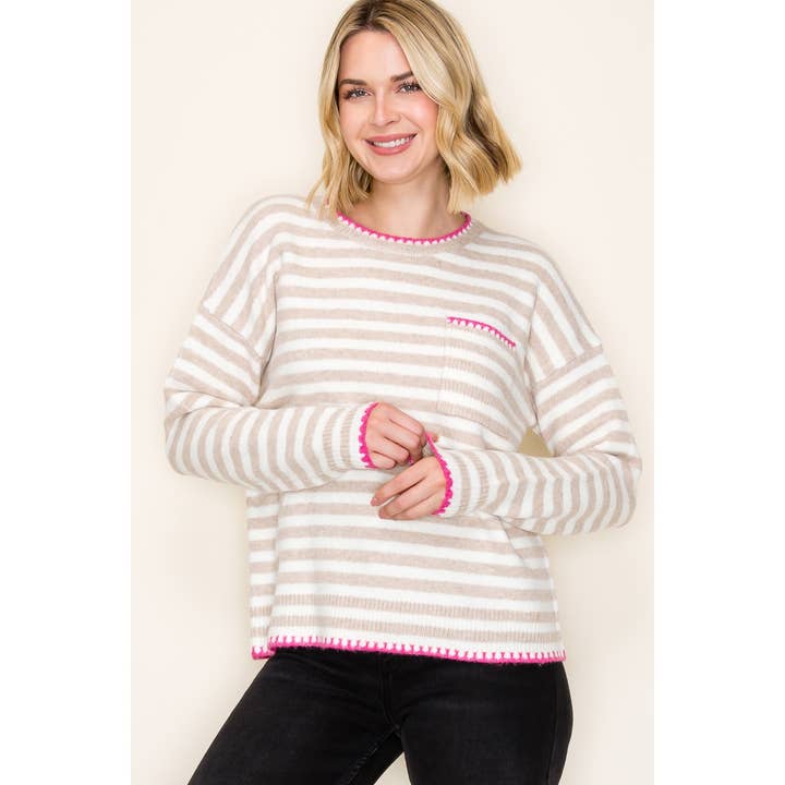 POP OF COLOR BLANKET STITCHED SWEATER