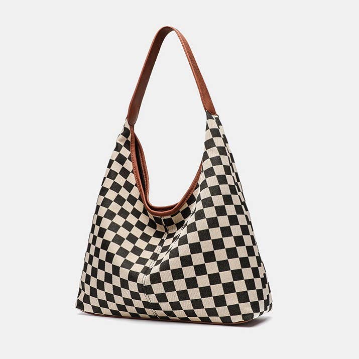 HAZEL BLACK & WHITE CHECKERED CANVAS HOBO BAG