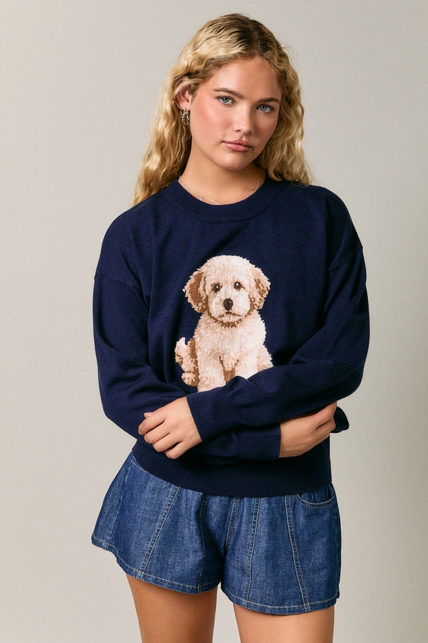 SAILOR GOLDENDOODLE NAVY CREW SWEATER
