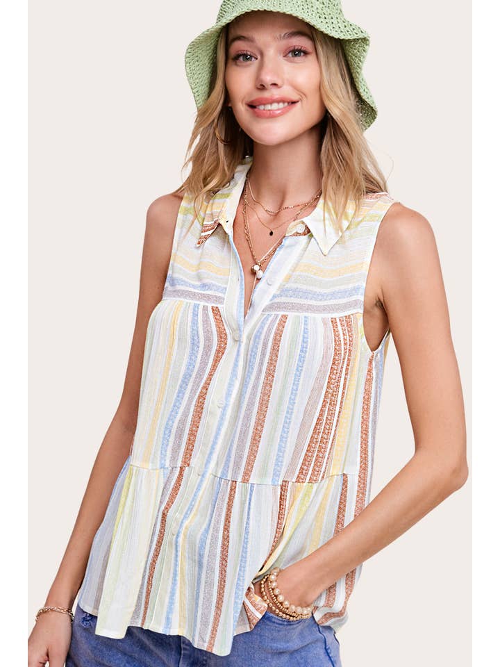 CINNAMON STRIPE TIERED SLEEVELESS TOP
