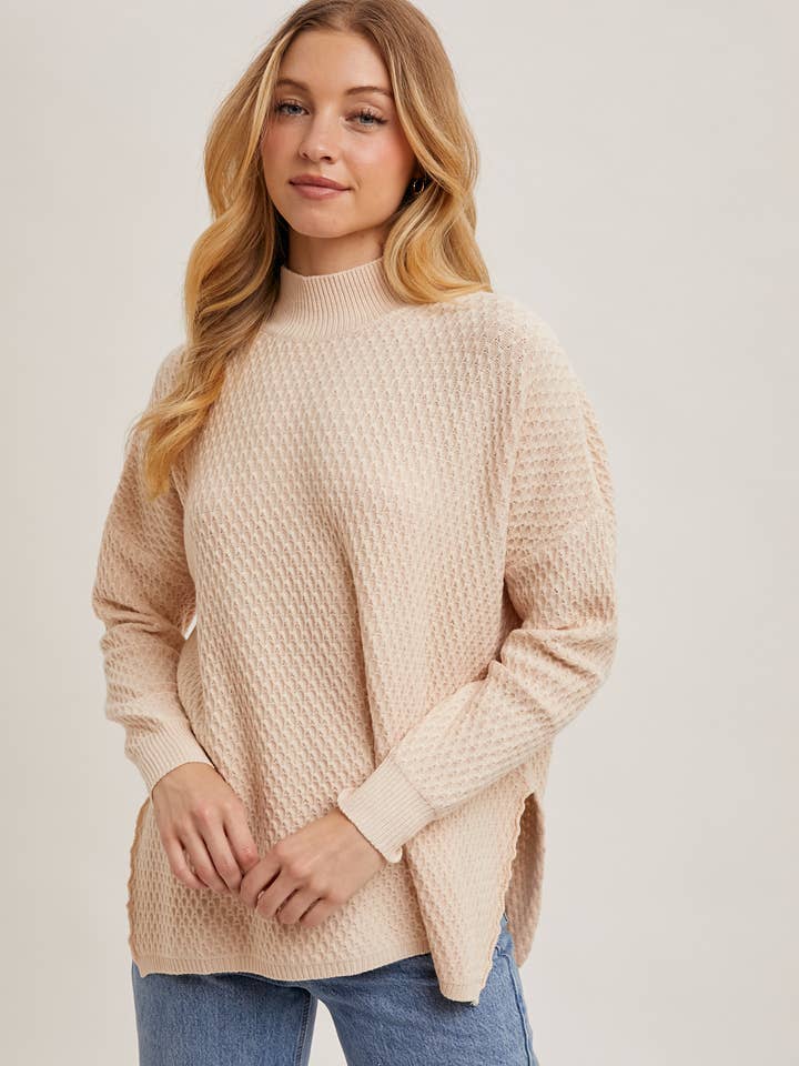 SHELL WAFFLE KNIT MOCK NECK SWEATER
