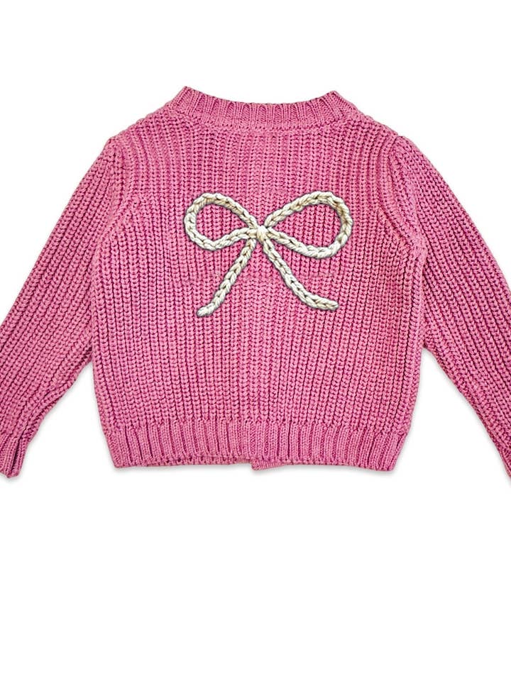 PINK BOW EMBROIDERED CHUNKY KNIT CARDIGAN
