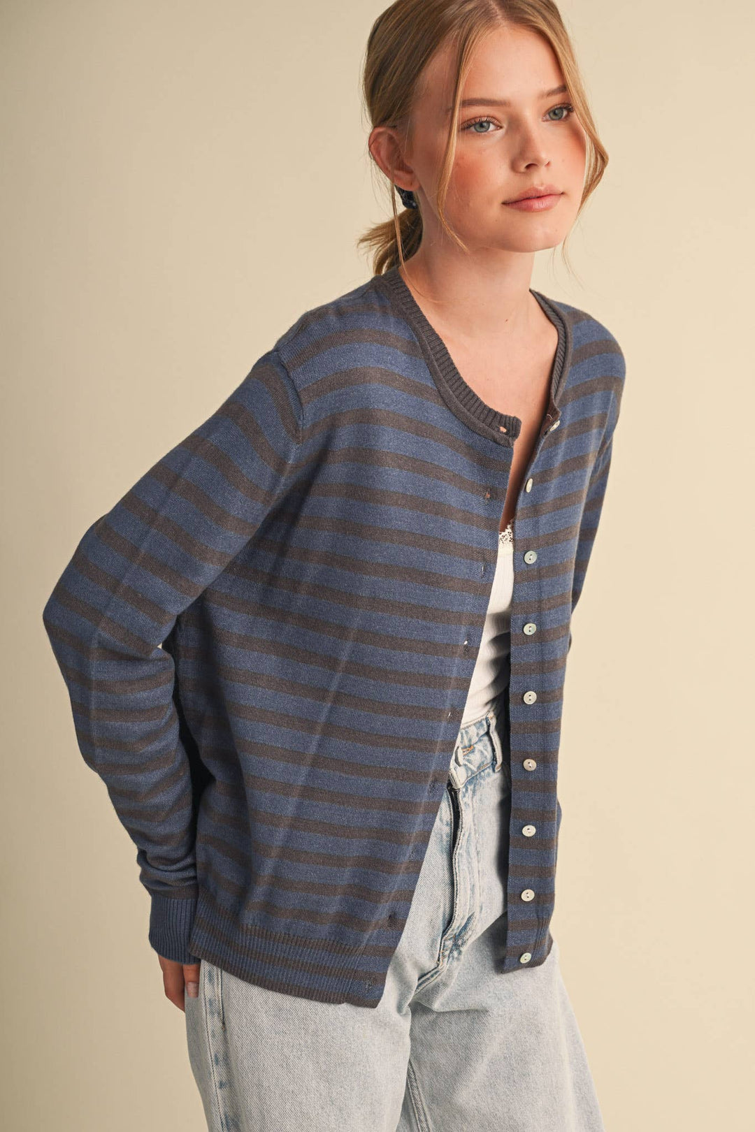 DENIM CAMPUS STRIPE CARDIGAN