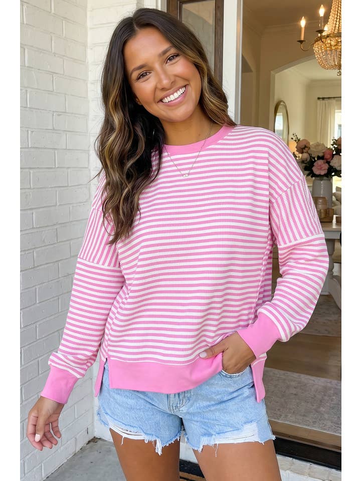 PINK STRIPE SIDE SLIT CREW
