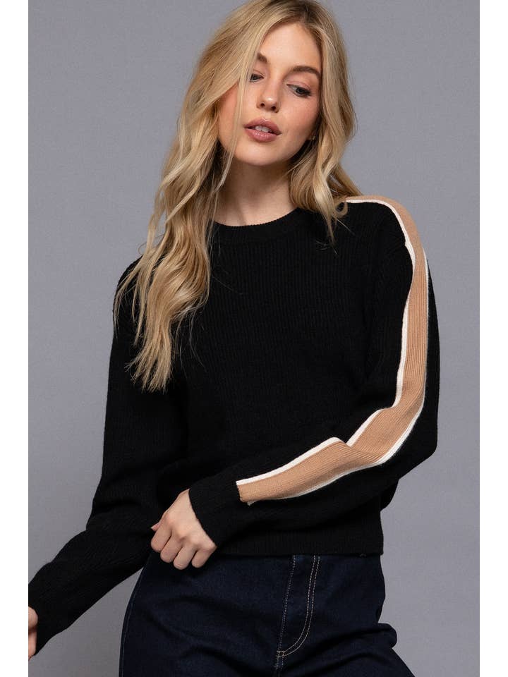 BLACK SHOULDER STRIPE CREW SWEATER