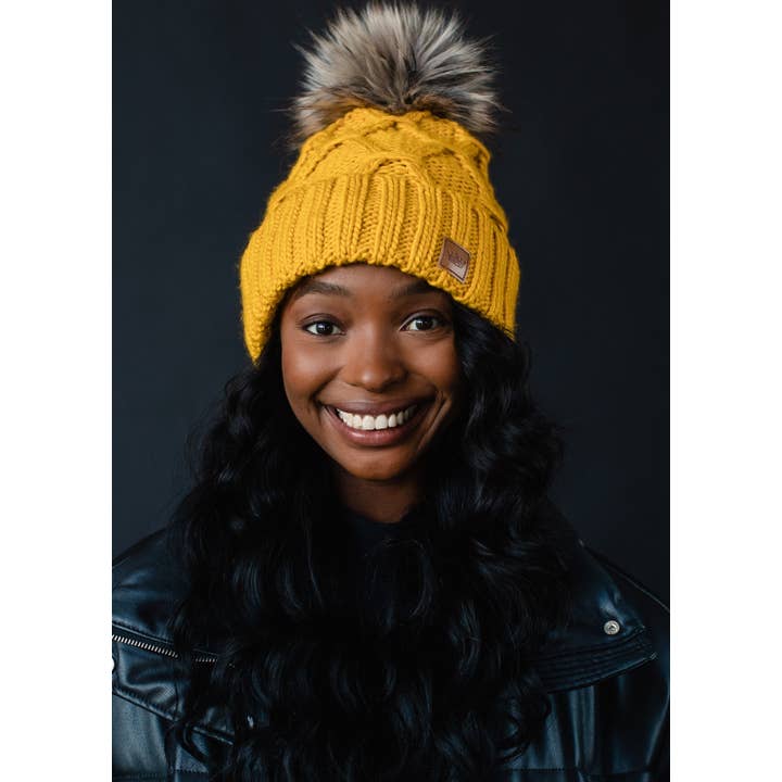 MUSTARD DIAMOND CABLE KNIT POM HAT
