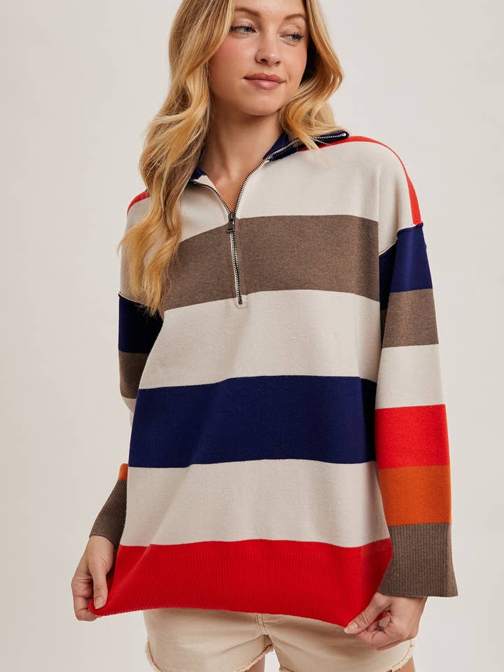 SAND MULTI RUGBY STRIPE HALF ZIP PULLOVER