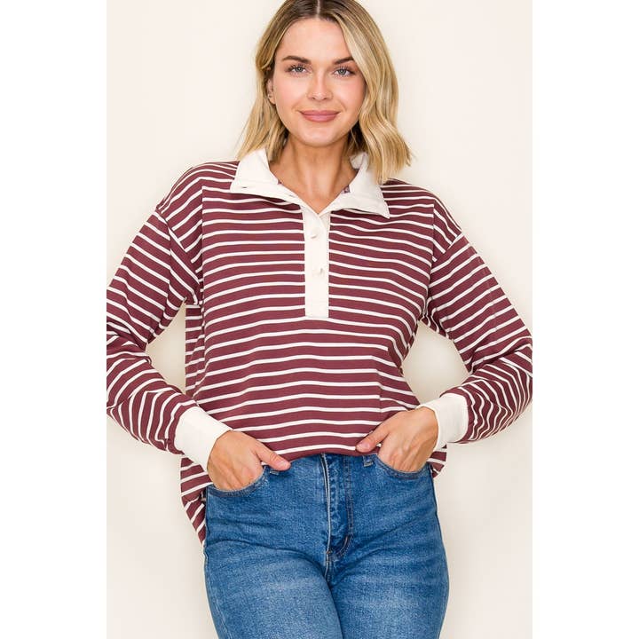BURGUNDY RUGBY STRIPE TOP
