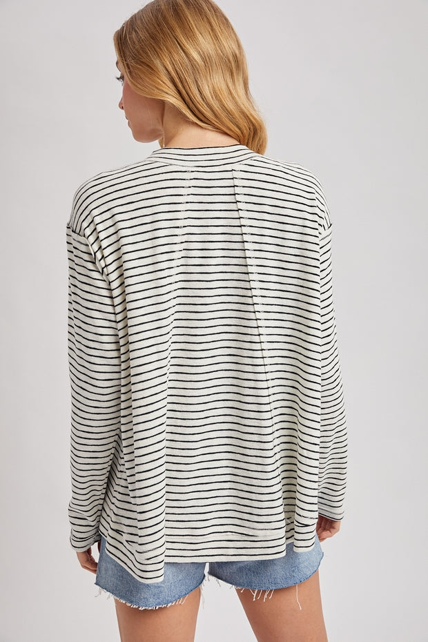 BARELY BASIC IVORY &  BLACK STRIPE RELAXED FIT KNIT TOP