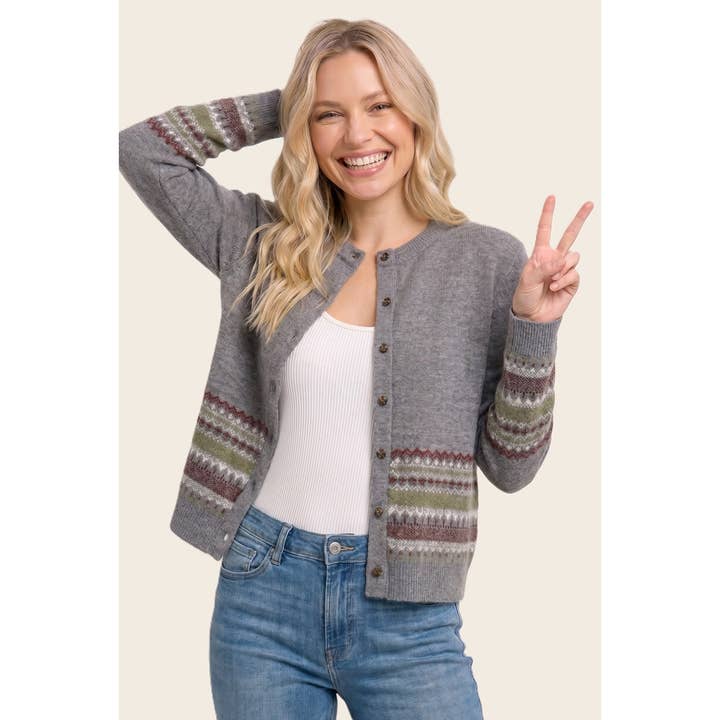 CHARCOAL NORDIC JACQUARD KNIT CARDIGAN