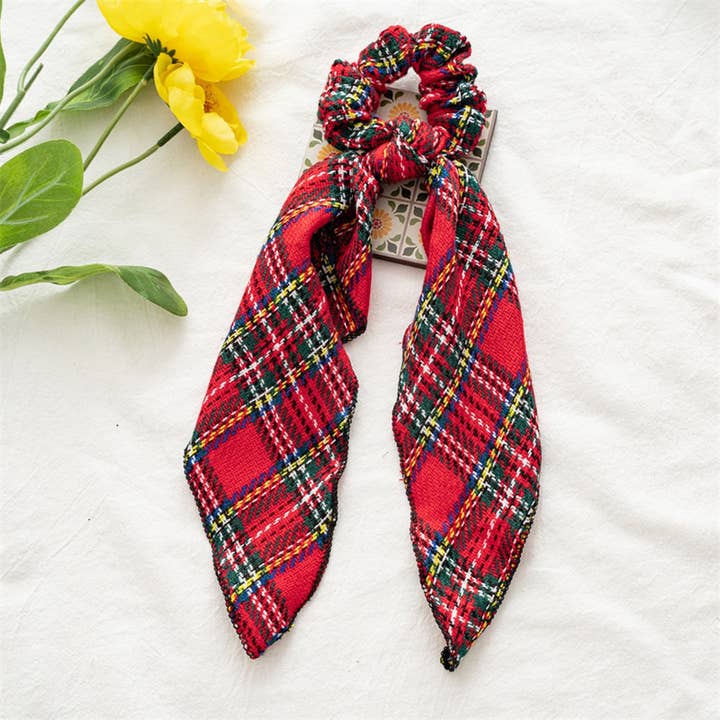 RED PLAID HAIR SCRUNCHIE SCARF
