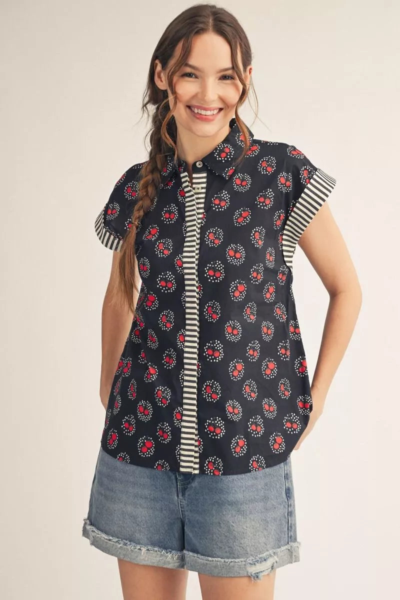 DOUBLE CHERRY PRINT SHORT SLEEVE WOVEN SHIRT
