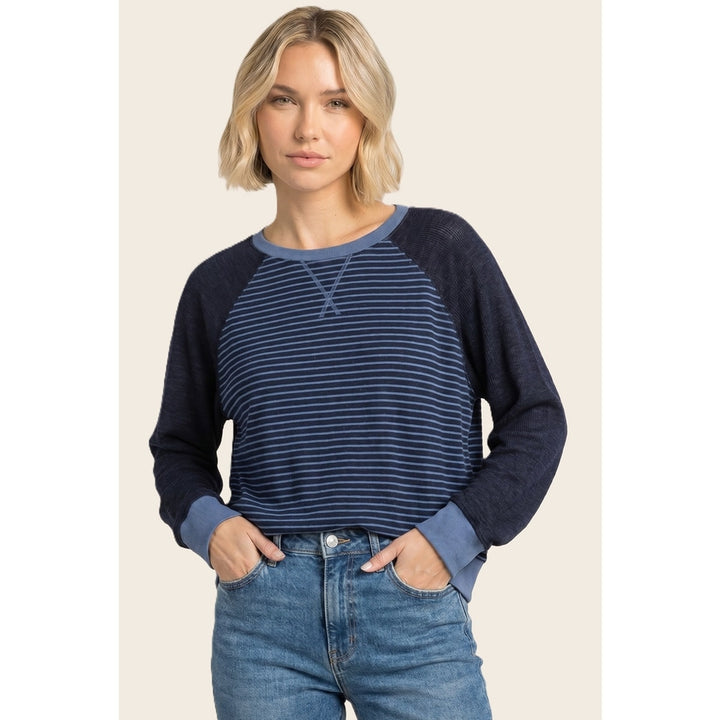 BLUE COLORBLOCK STRIPE CREW SWEATSHIRT