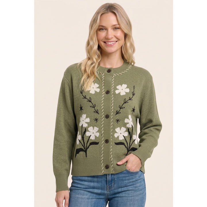 OLIVE FLORAL BUTTON FRONT CARDIGAN