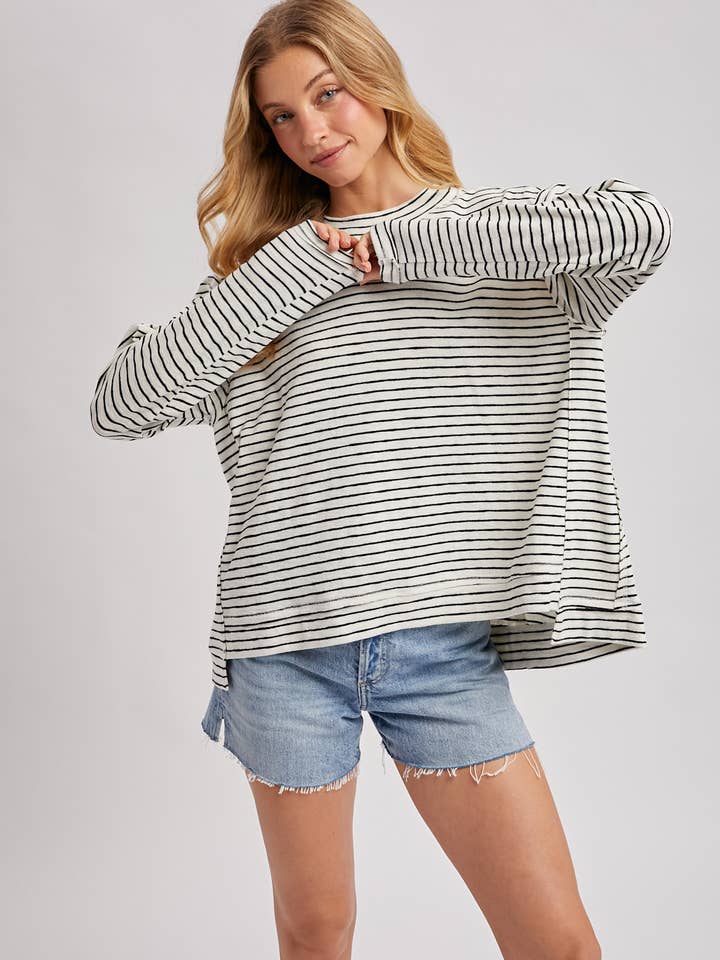 BARELY BASIC IVORY &  BLACK STRIPE RELAXED FIT KNIT TOP