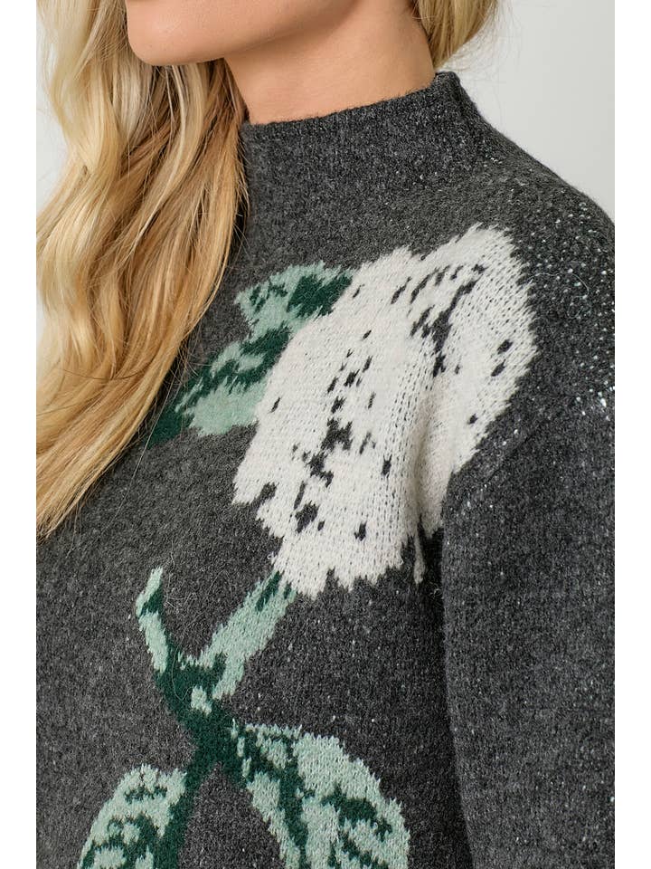 CHARCOAL FLORAL FUNNEL NECK SWEATER