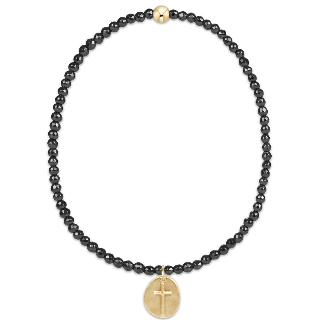 FACETED HEMATITE 2MM BEAD BRACELET W/ SMALL INSPIRE GOLD CHARM