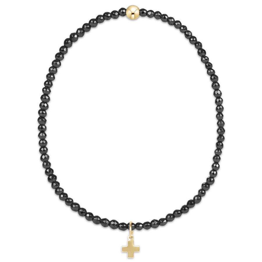 FACETED HEMATITE 2MM BEAD BRACELET W/ GOLD CROSS CHARM
