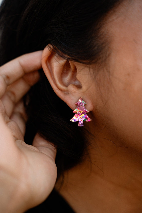 PINK TINSEL CHRISTMAS TREE STUD EARRINGS