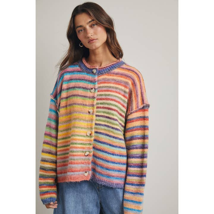 RAINBOW STRIPE BUTTON CARDIGAN