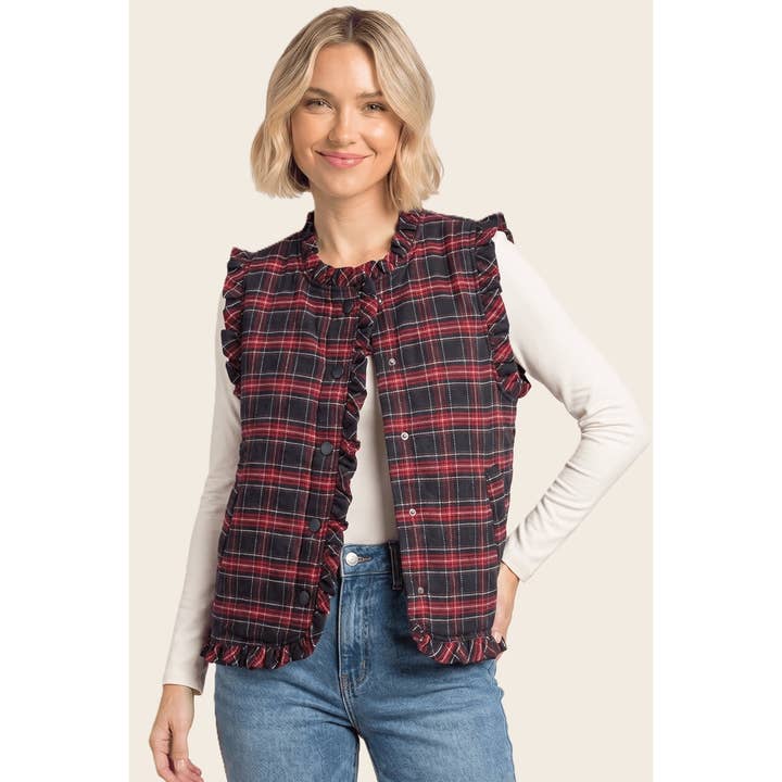 NAVY RUFFLE UP PLAID VEST