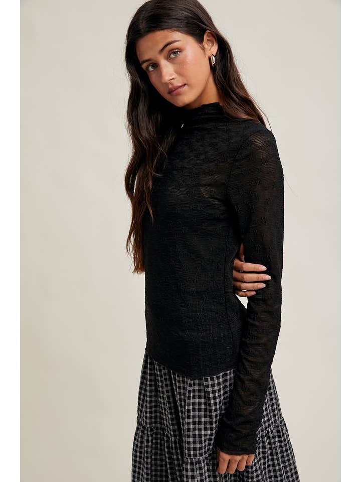 BLACK FLORAL LACE  MESH MOCK NECK TOP