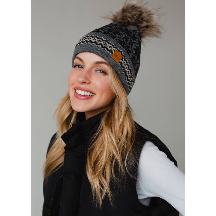 BLACK GREY & TAN SNOWFLAKE POM HAT
