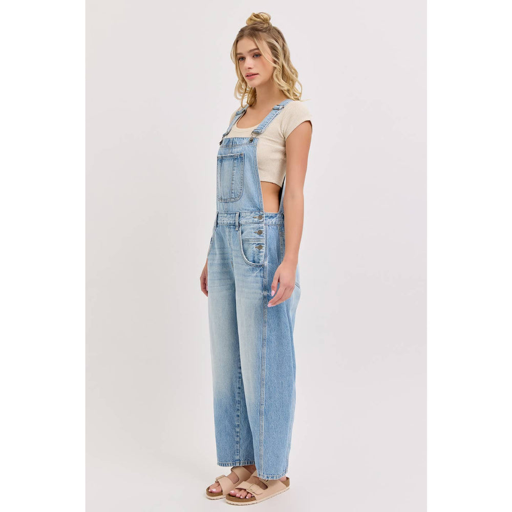 JACEY LIGHT WASH DENIM BARREL OVERALLS
