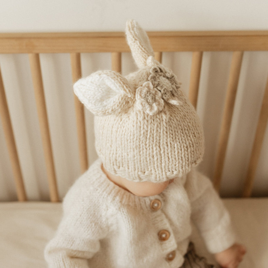 FLOWER BUNNY NATURAL HAND KNIT BEANIE
