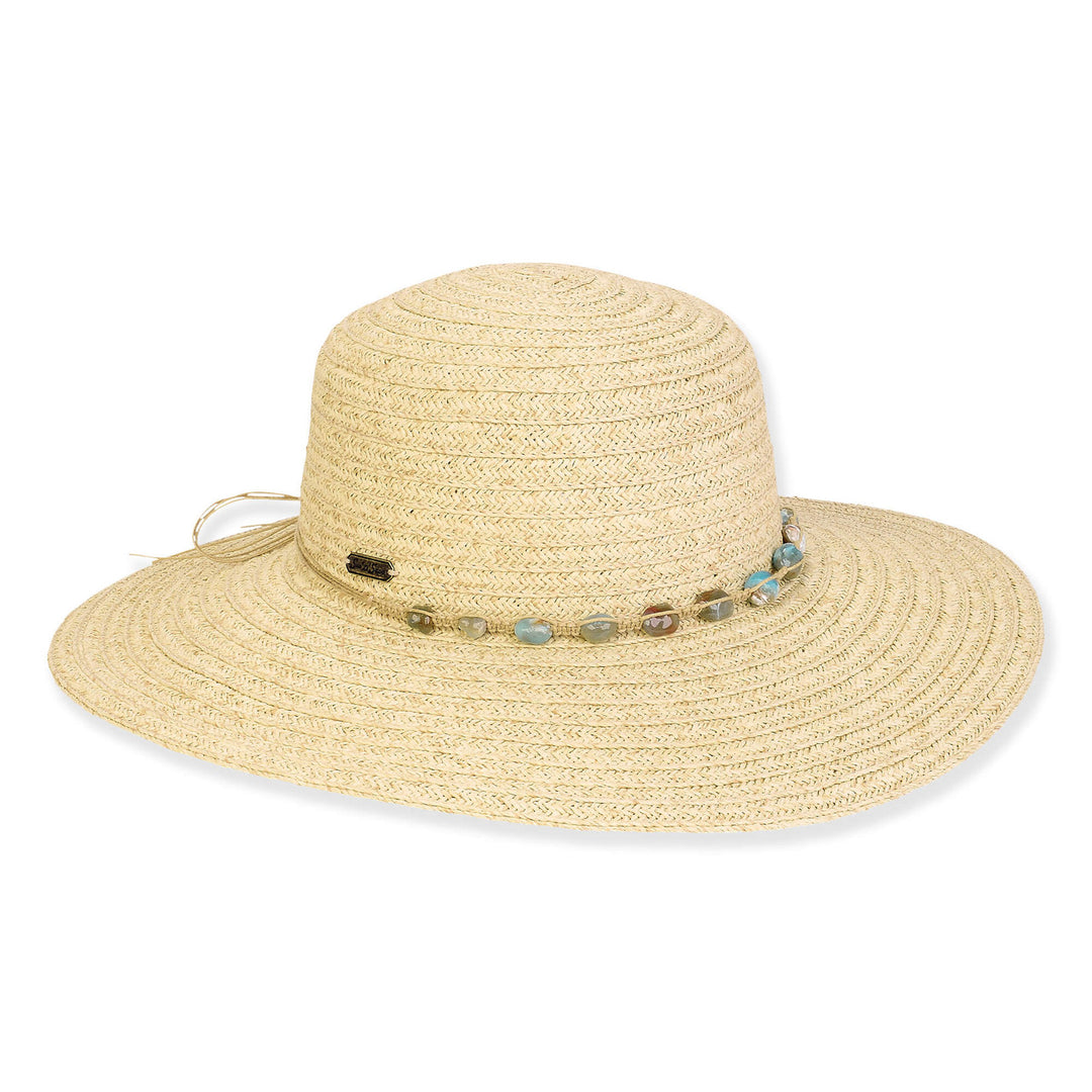 IVORY PAPER BRAID FLOPPY HAT W/ TURQUOISE BEADED BAND DETAIL