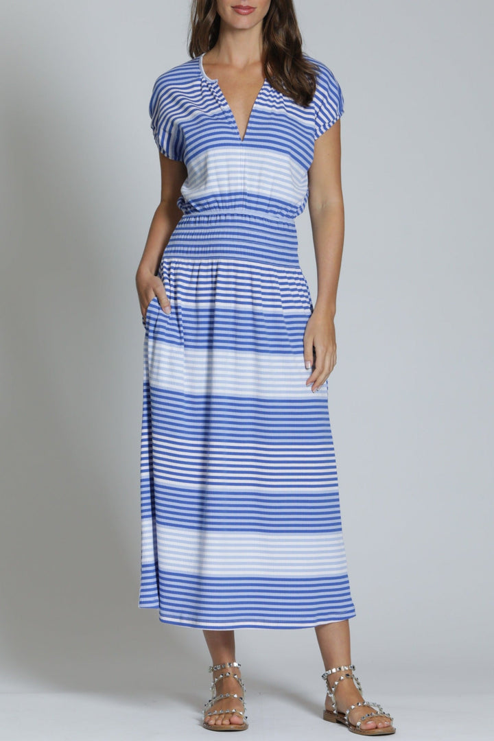 BLUE & WHITE JERSEY KNIT STRIPE MIDI DRESS