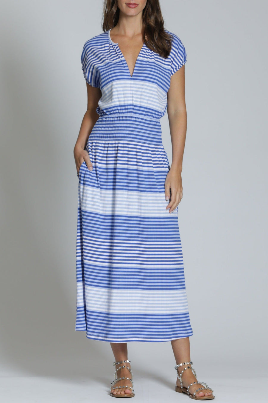 BLUE & WHITE JERSEY KNIT STRIPE MIDI DRESS
