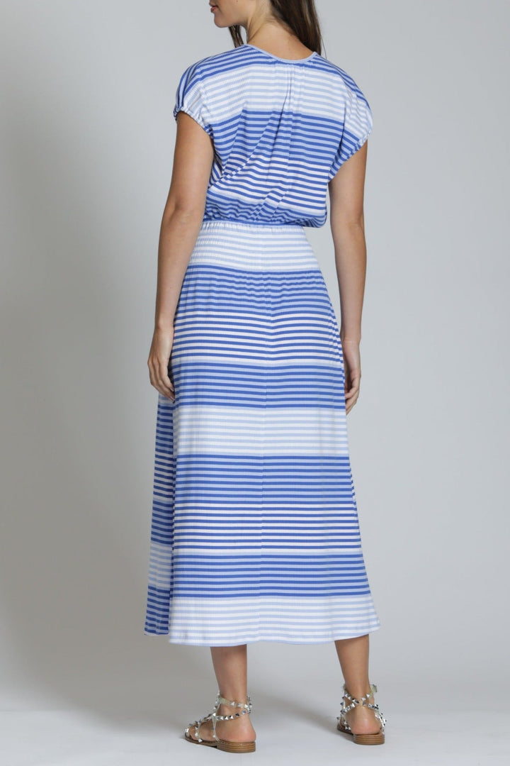 BLUE & WHITE JERSEY KNIT STRIPE MIDI DRESS