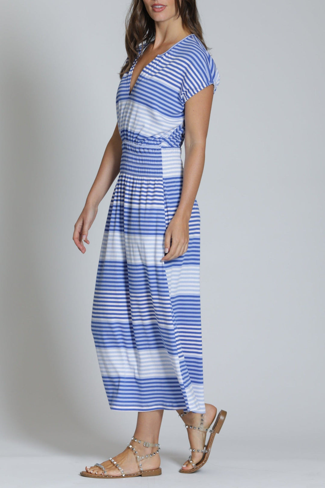 BLUE & WHITE JERSEY KNIT STRIPE MIDI DRESS