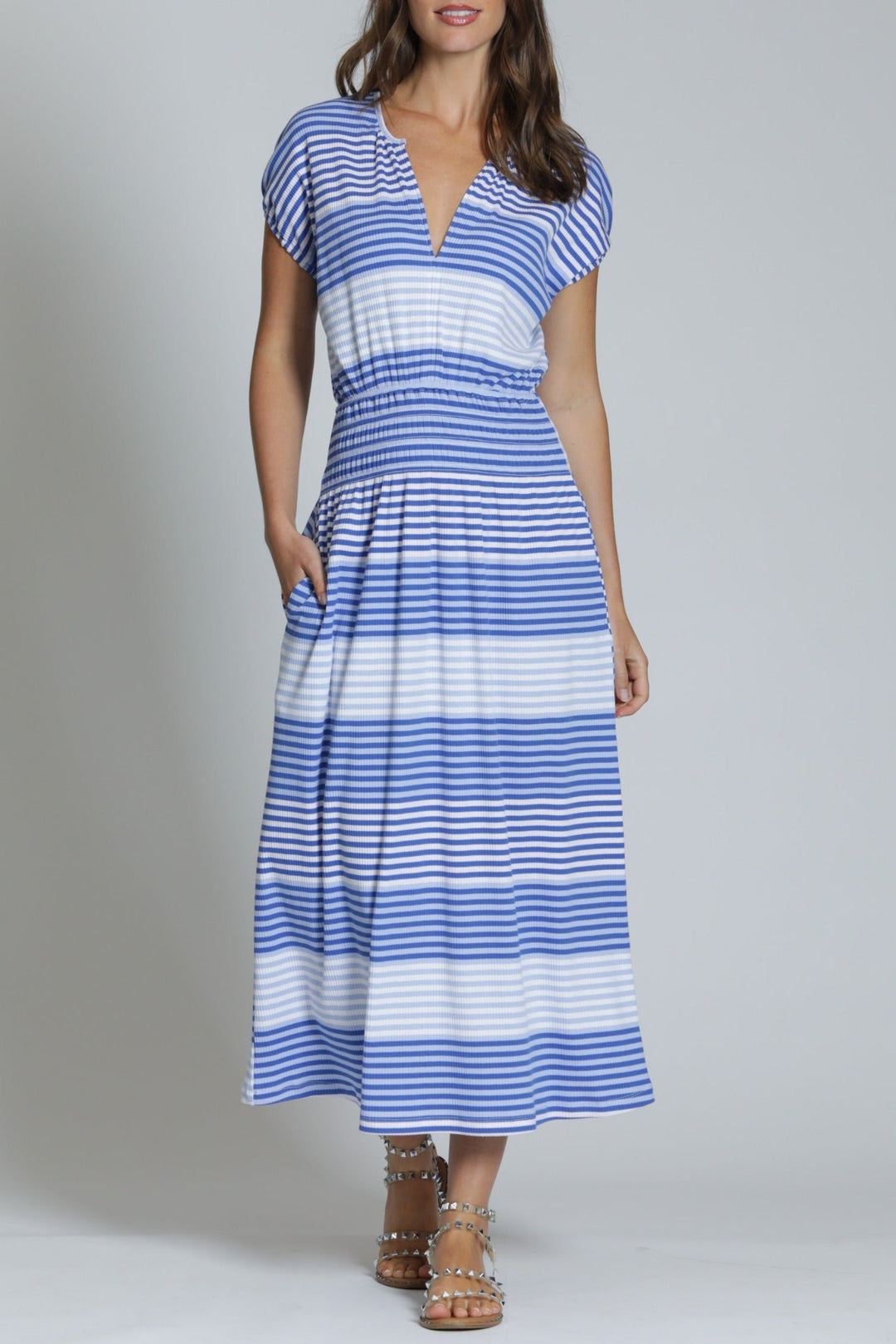BLUE & WHITE JERSEY KNIT STRIPE MIDI DRESS