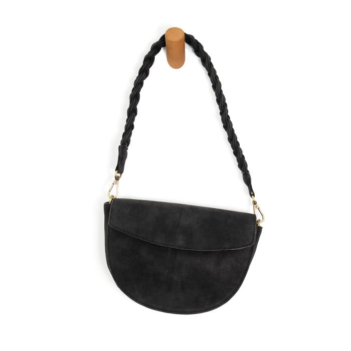 Black Luna Crescent Crossbody w/ Braided Handle