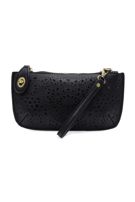 BLACK LAZER CUT EYELET MINI WRISTLET CROSSBODY CLUTCH
