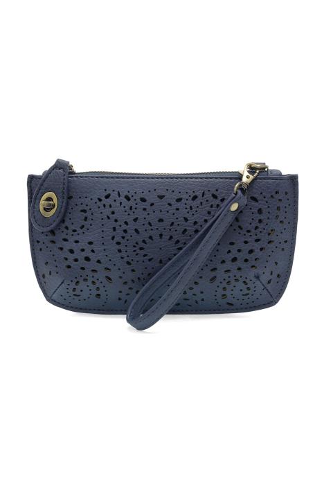 DENIM LAZER CUT EYELET MINI WRISTLET CROSSBODY CLUTCH
