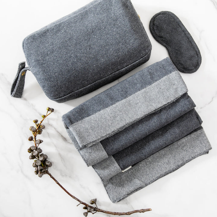 DARK GREY & IVORY REVERSIBLE TRAVEL BLANKET SET