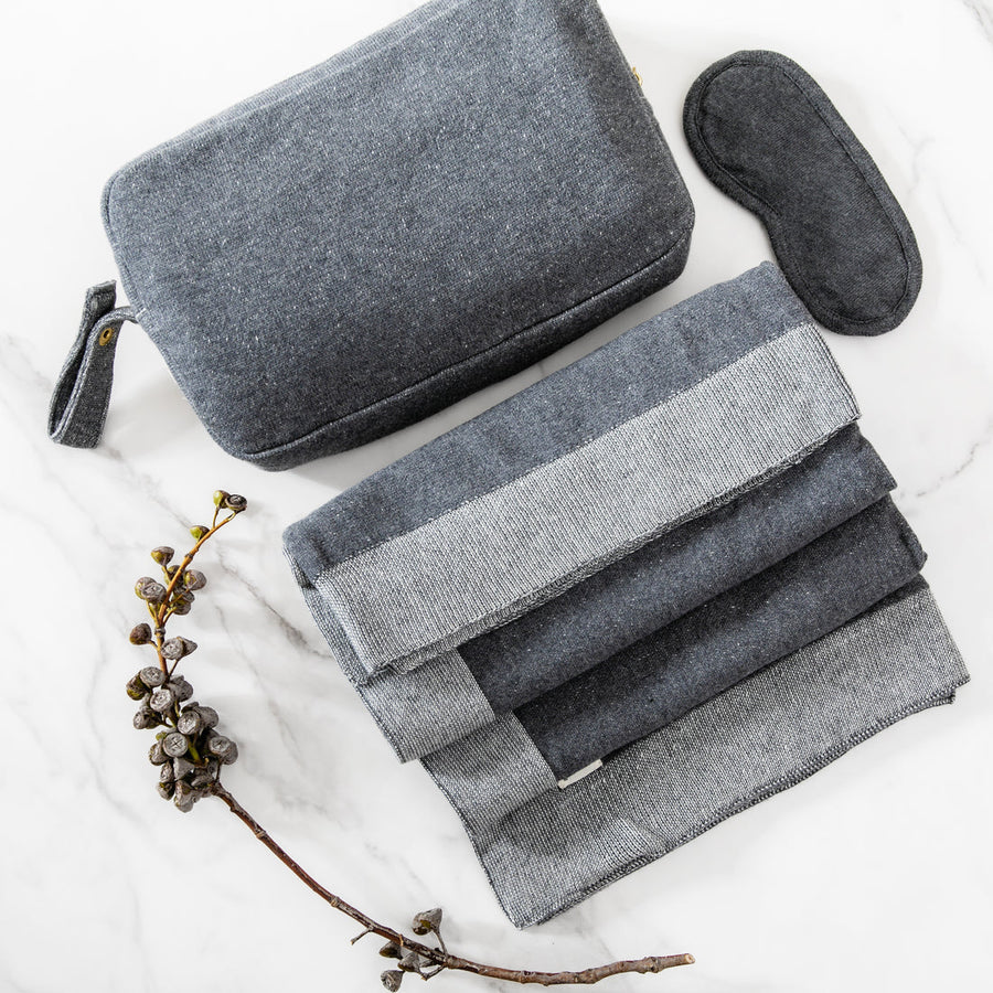 DARK GREY & IVORY REVERSIBLE TRAVEL BLANKET SET
