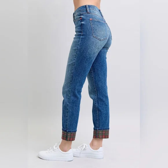 CLARA RED PLAID CUFF JEANS